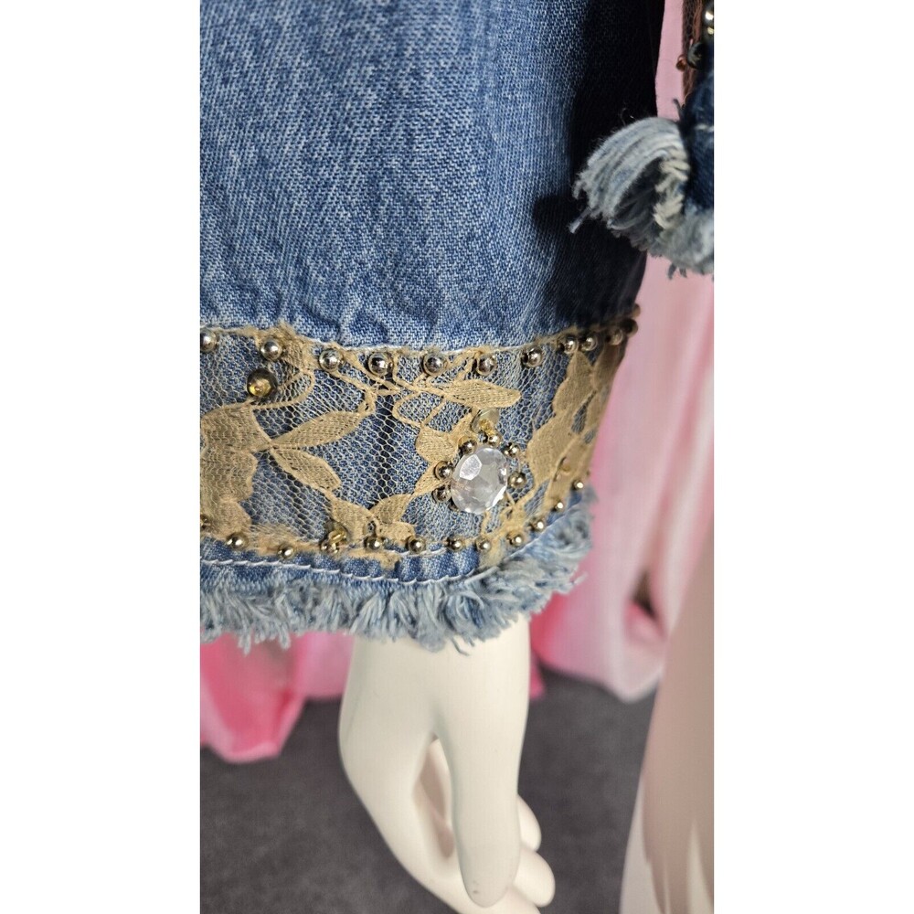 Step In Style Y2K Unique Denim Lace Studded  Rhinestone Jean Jacket Size Large - Picture 10 of 16